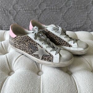 Golden Goose cheetah with pink heel tab and suede star